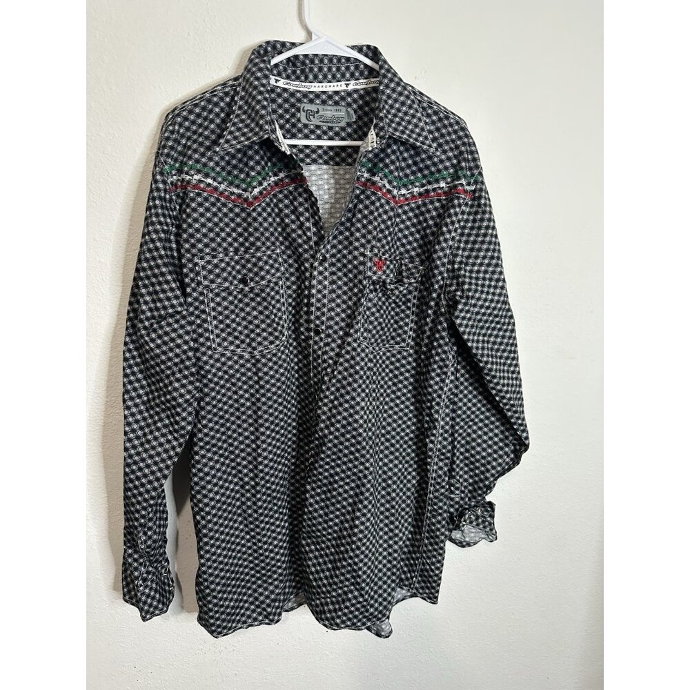 Cowboy Hardware Mens Black Printed Long Sleeve Button Up Mexican Flag Shirt Sz L